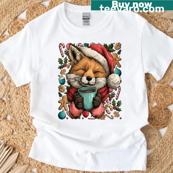 Cute Christmas fox in Santa hat with cocoa and cookie graphic