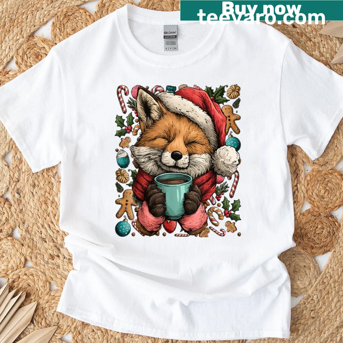 Cute Christmas fox in Santa hat with cocoa and cookie graphic — on a men's t-shirt
