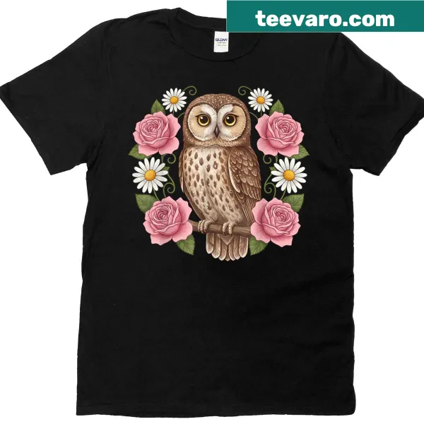 Cottagecore owl t-shirt featuring floral and nature elements