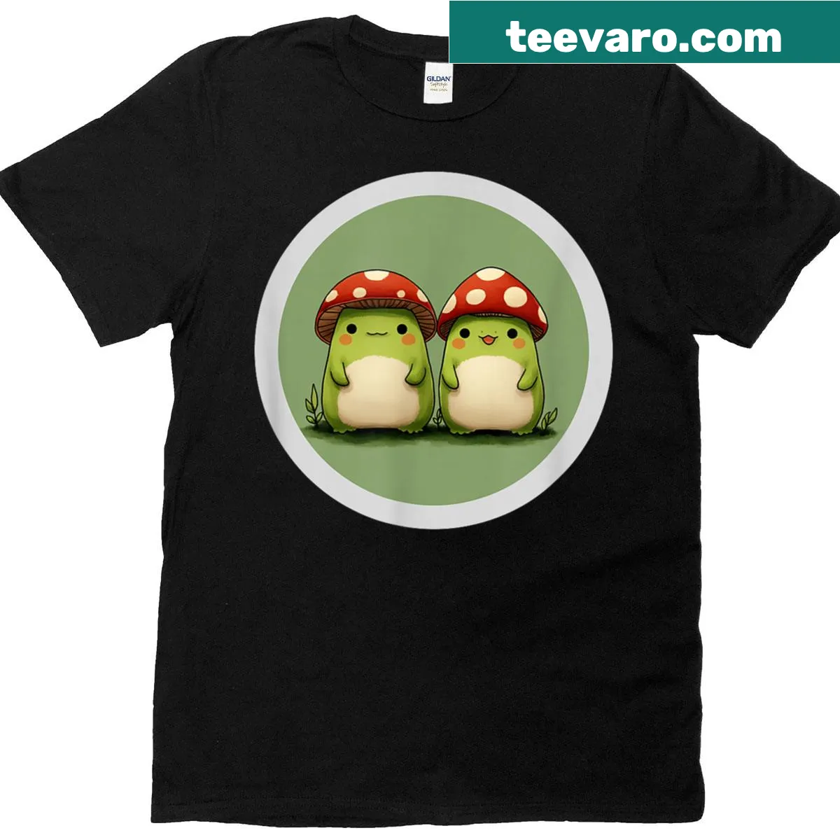 Kawaii t-shirt with cute frogs disguised as mushrooms — on a men's t-shirt