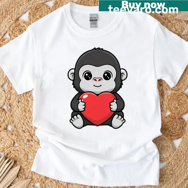 Cute gorilla holding a heart graphic on t-shirt