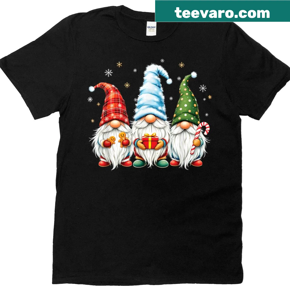 Family matching T-shirt with three gnomes in Santa hats — on a men's t-shirt