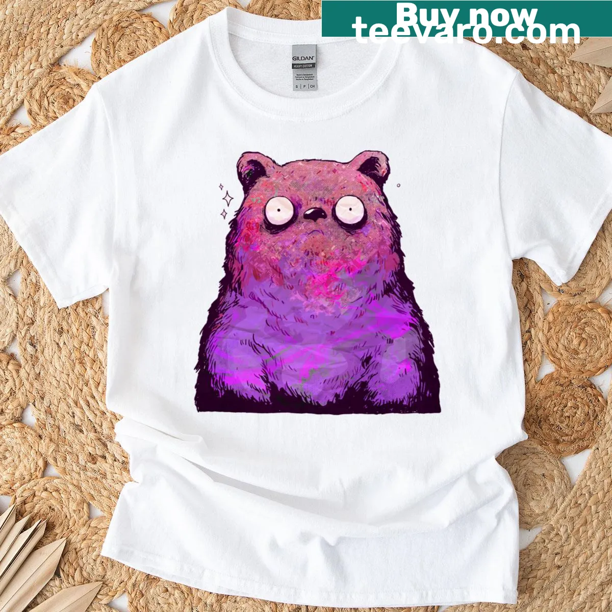 Cartoon bear graphic T-shirt with a confused expression — on a men's t-shirt