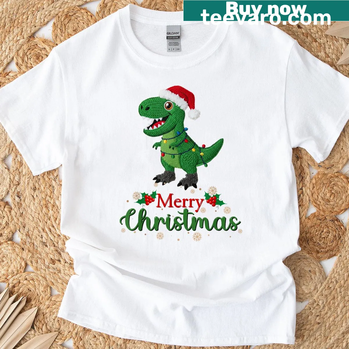 Cartoon T-rex in a Santa hat for kids' Christmas t-shirt — on a men's t-shirt