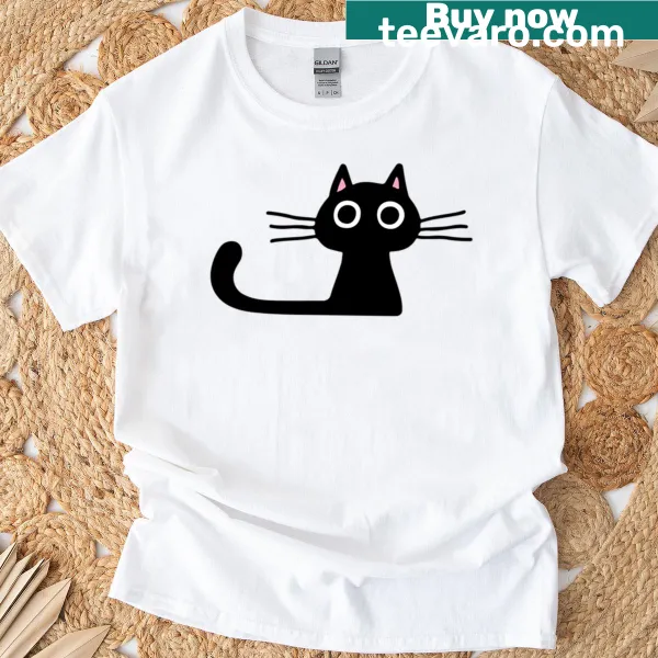 Cute wide-eyed black kitten illustration on a t-shirt