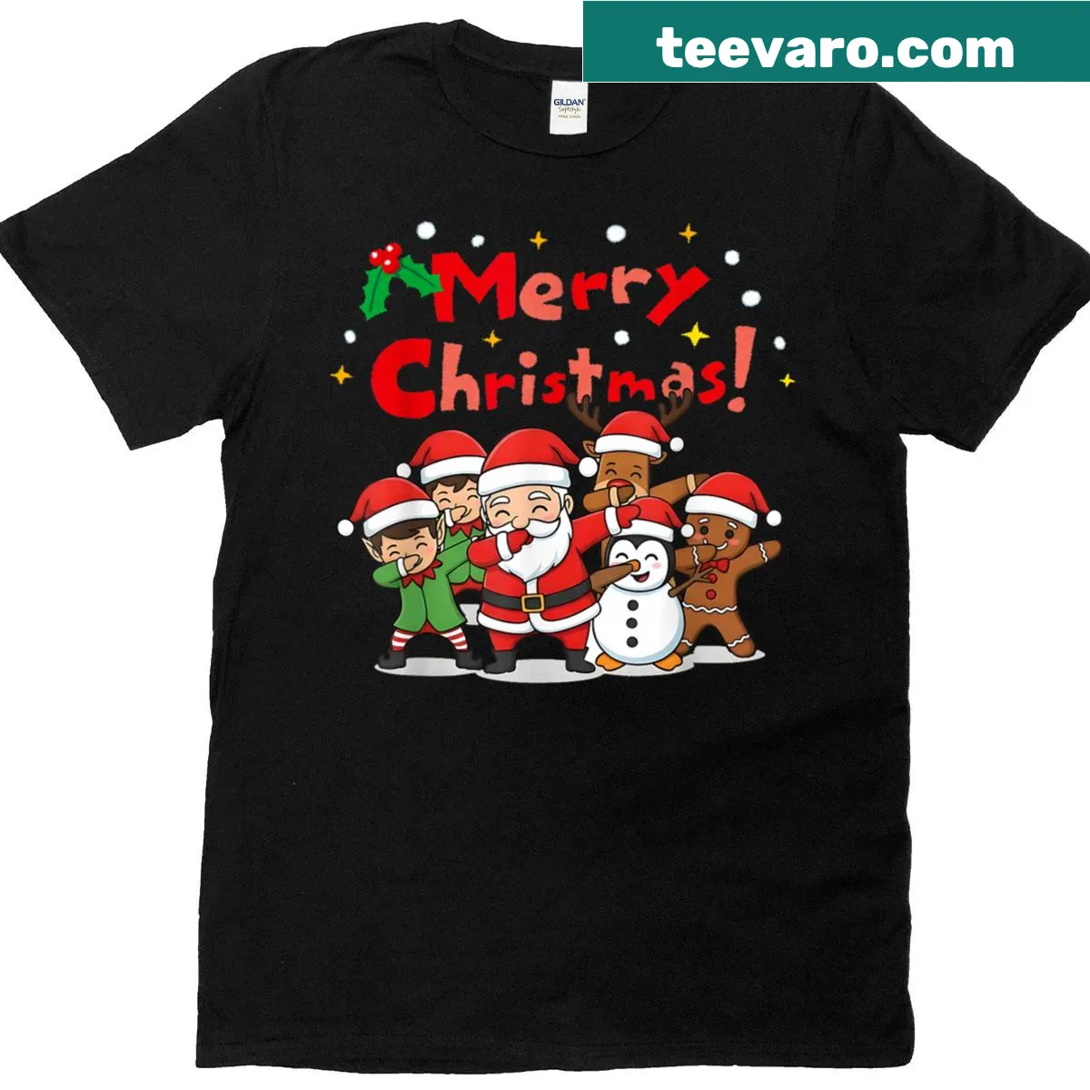 Cartoon Santa and elf dab design on a Christmas t-shirt — on a men's t-shirt