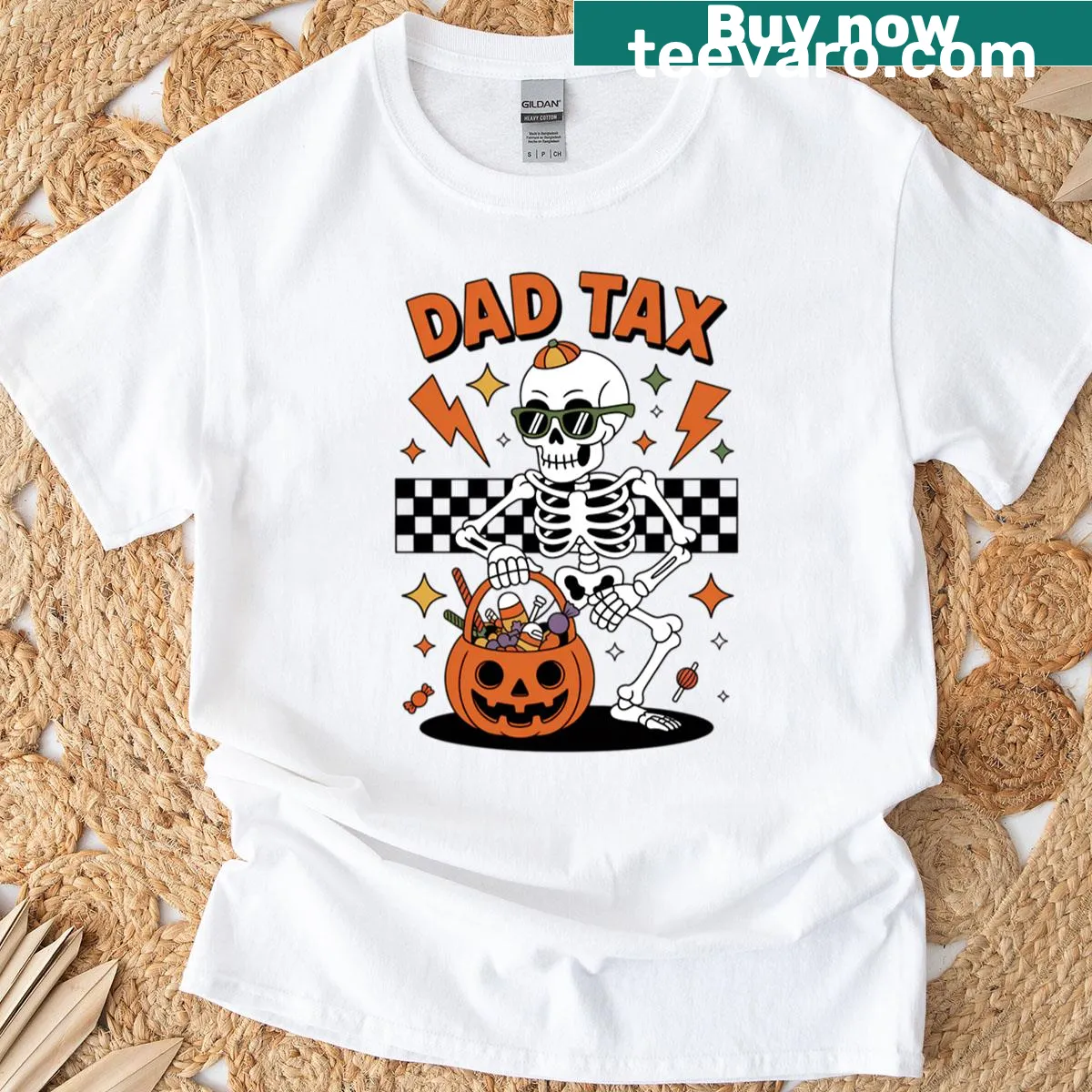 Vintage Halloween dad t-shirt with playful Dad Tax design — on a men's t-shirt