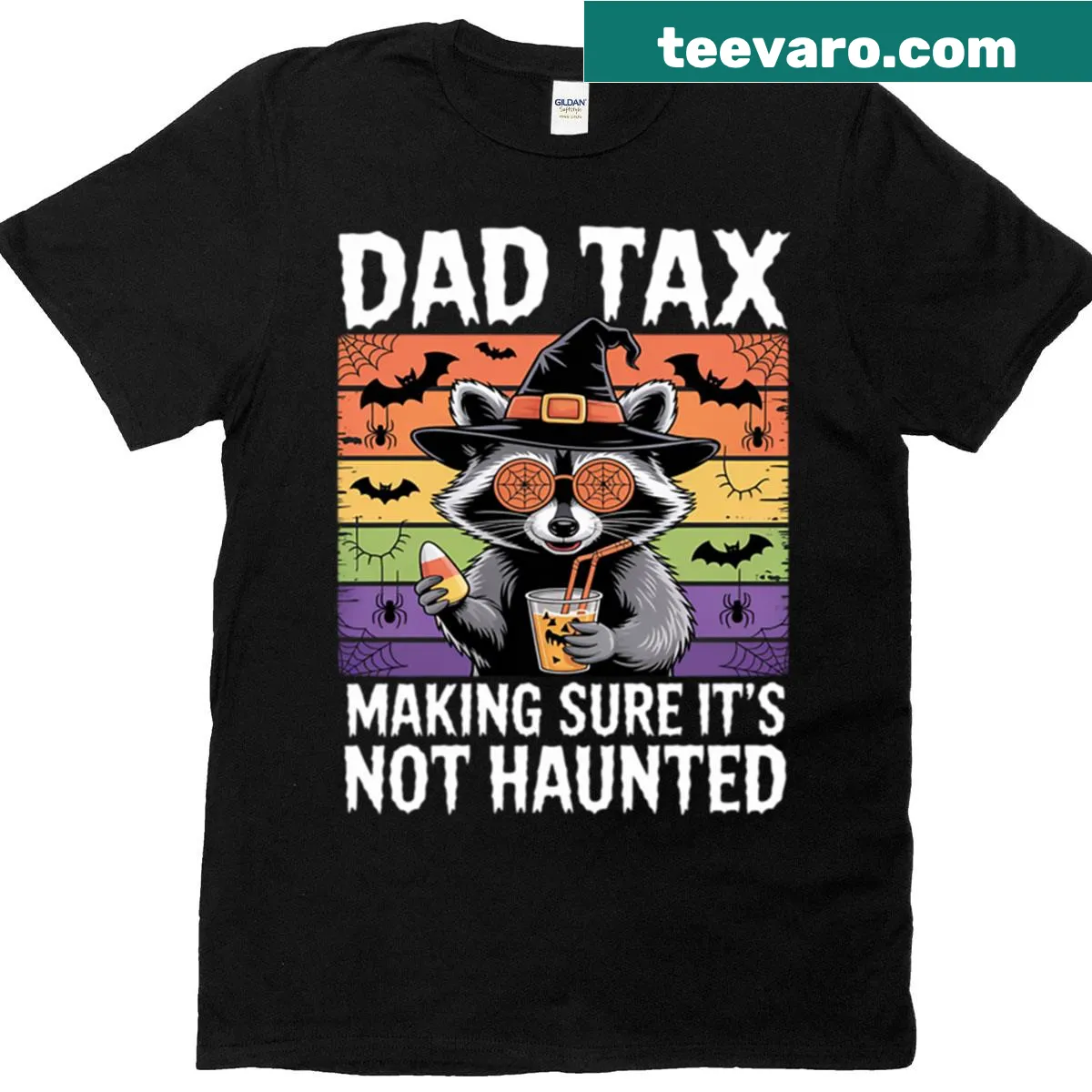 Cartoon graphic of a raccoon witch with text about Halloween — on a men's t-shirt