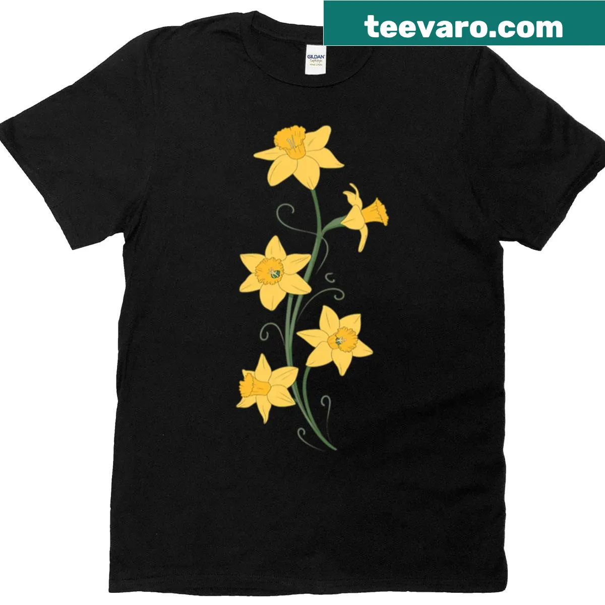 Spring T-shirt featuring daffodil illustrations for Easter — on a men's t-shirt