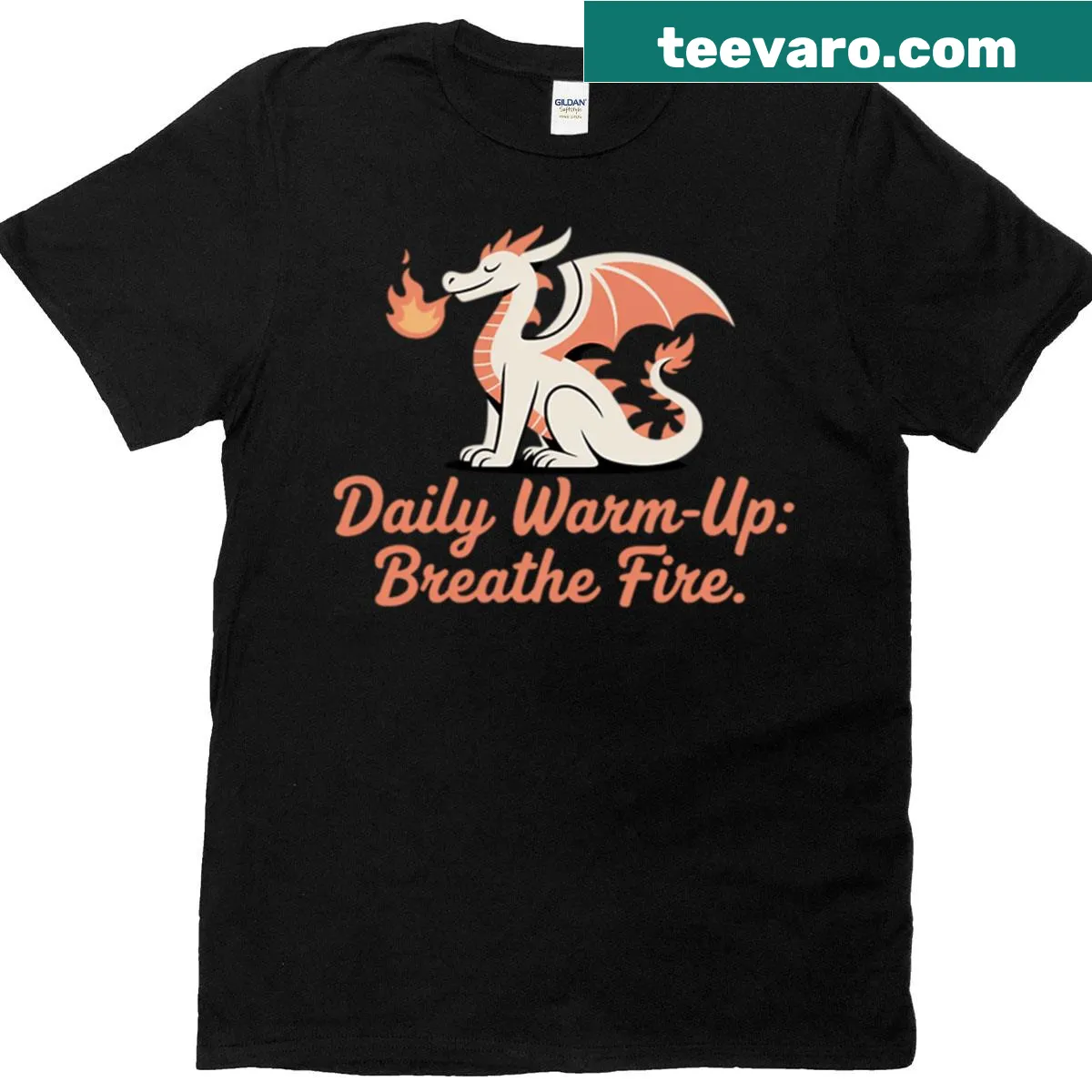T-shirt featuring a dragon breathing fire and whimsical text — on a men's t-shirt