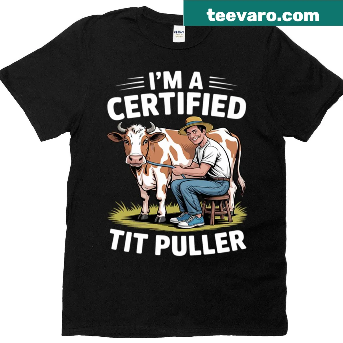 Proud T-shirt for dairy farmers featuring cow milking design — on a men's t-shirt