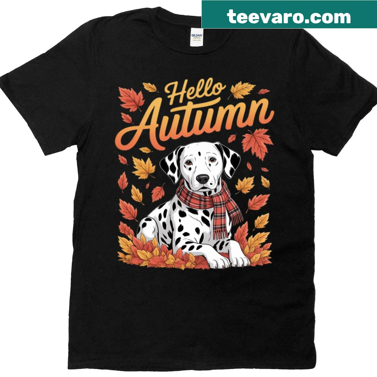 Thanksgiving T-shirt with Dalmatian and autumn-themed illustrations — on a men's t-shirt