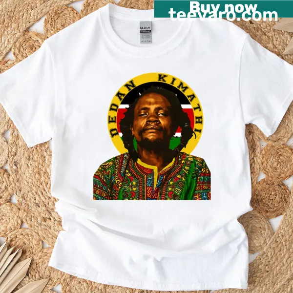 Illustration of Dedan Kimathi on a Pan-African themed t-shirt