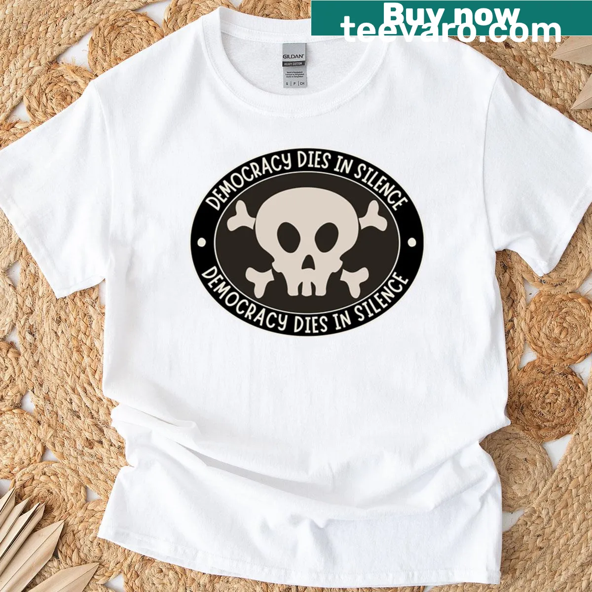 Text graphic T-shirt reading 'Democracy Dies In Silence' — on a men's t-shirt