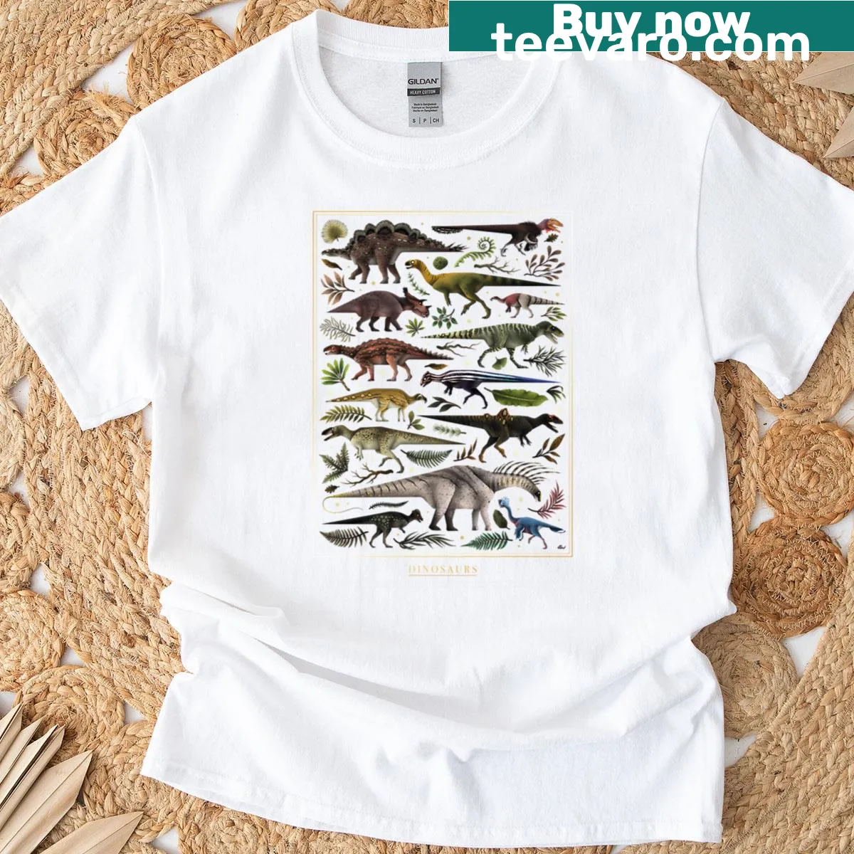 Dinosaur themed graphic T-shirt — on a men's t-shirt
