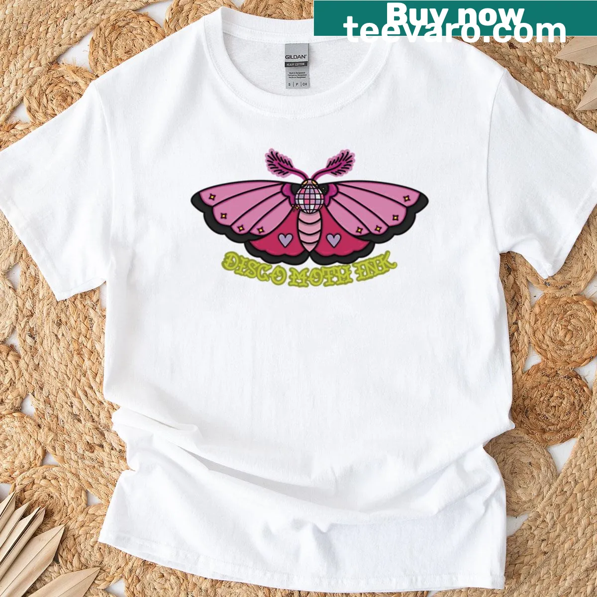 Oversized t-shirt with disco moth ink design — on a men's t-shirt