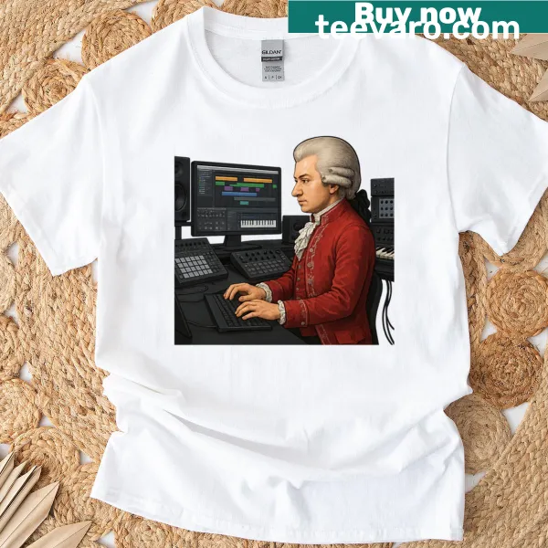 Cartoon DJ Mozart shirt with a fun music studio graphic