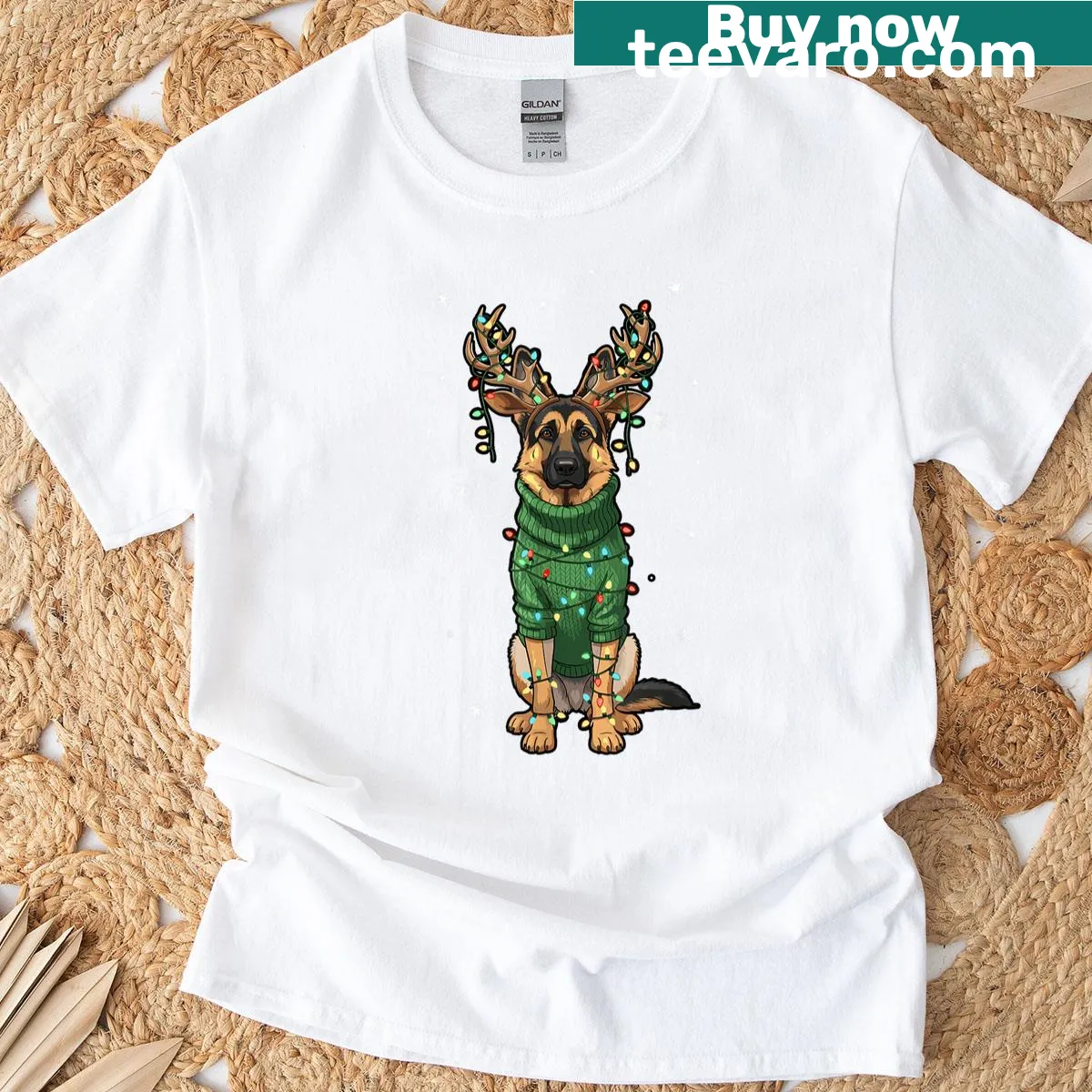 Cute German Shepherd reindeer Christmas t-shirt — on a men's t-shirt