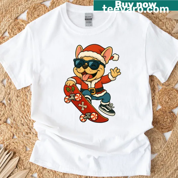 Playful dog Santa skateboarding t-shirt design