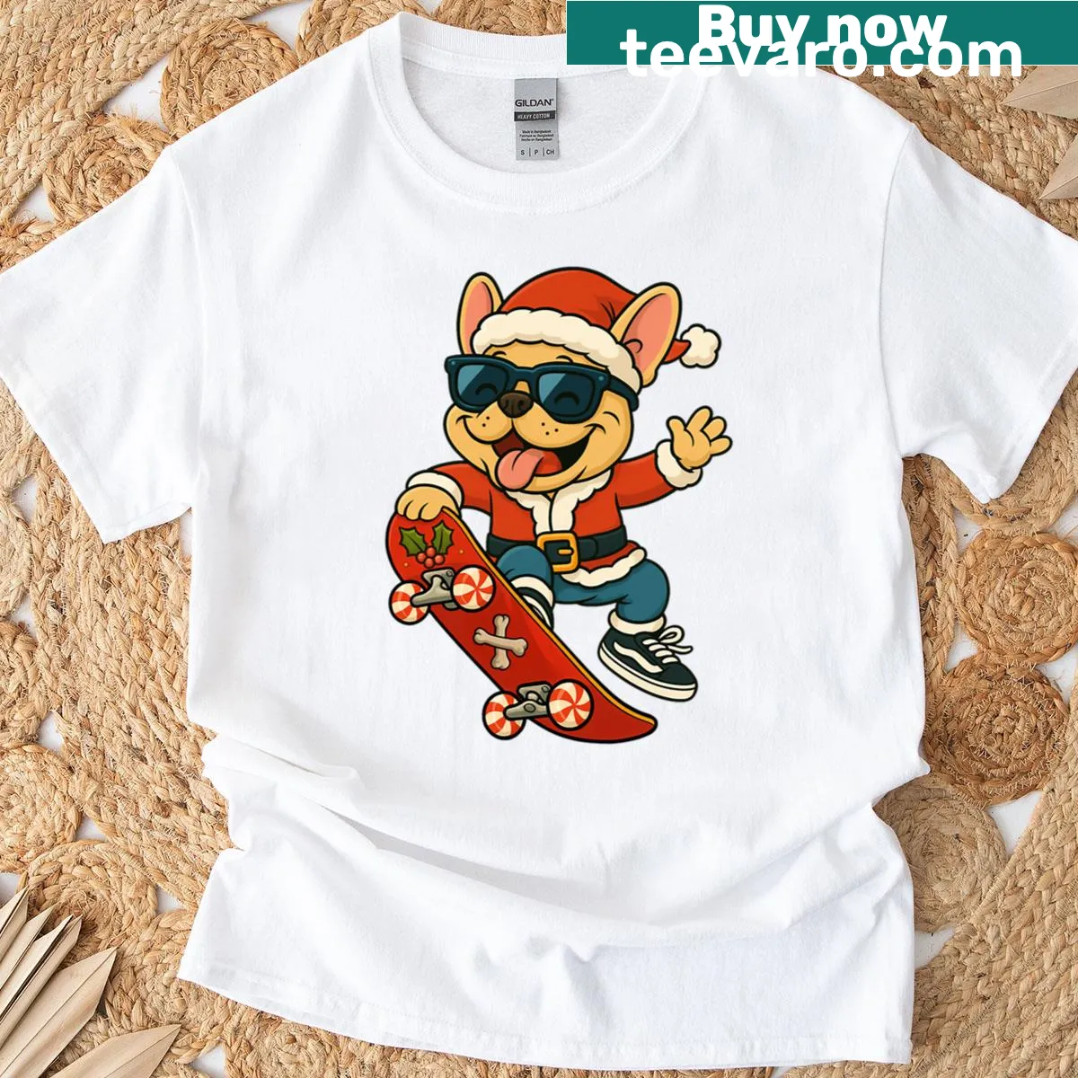 Playful dog Santa skateboarding t-shirt design — on a men's t-shirt