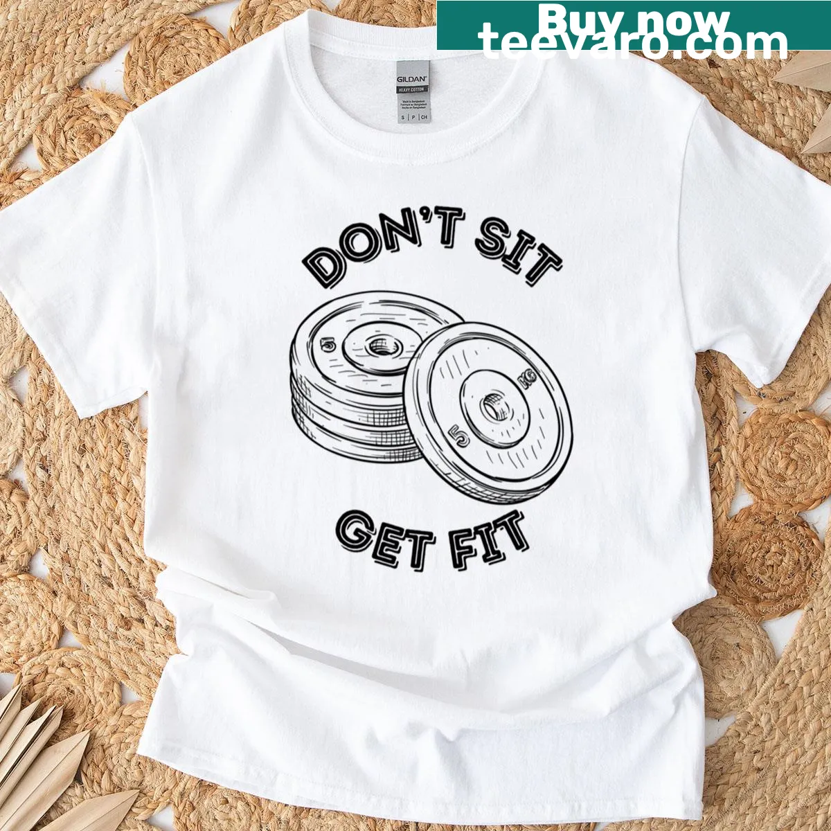 Inspirational Don't Sit Get Fit t-shirt with bold text — on a men's t-shirt