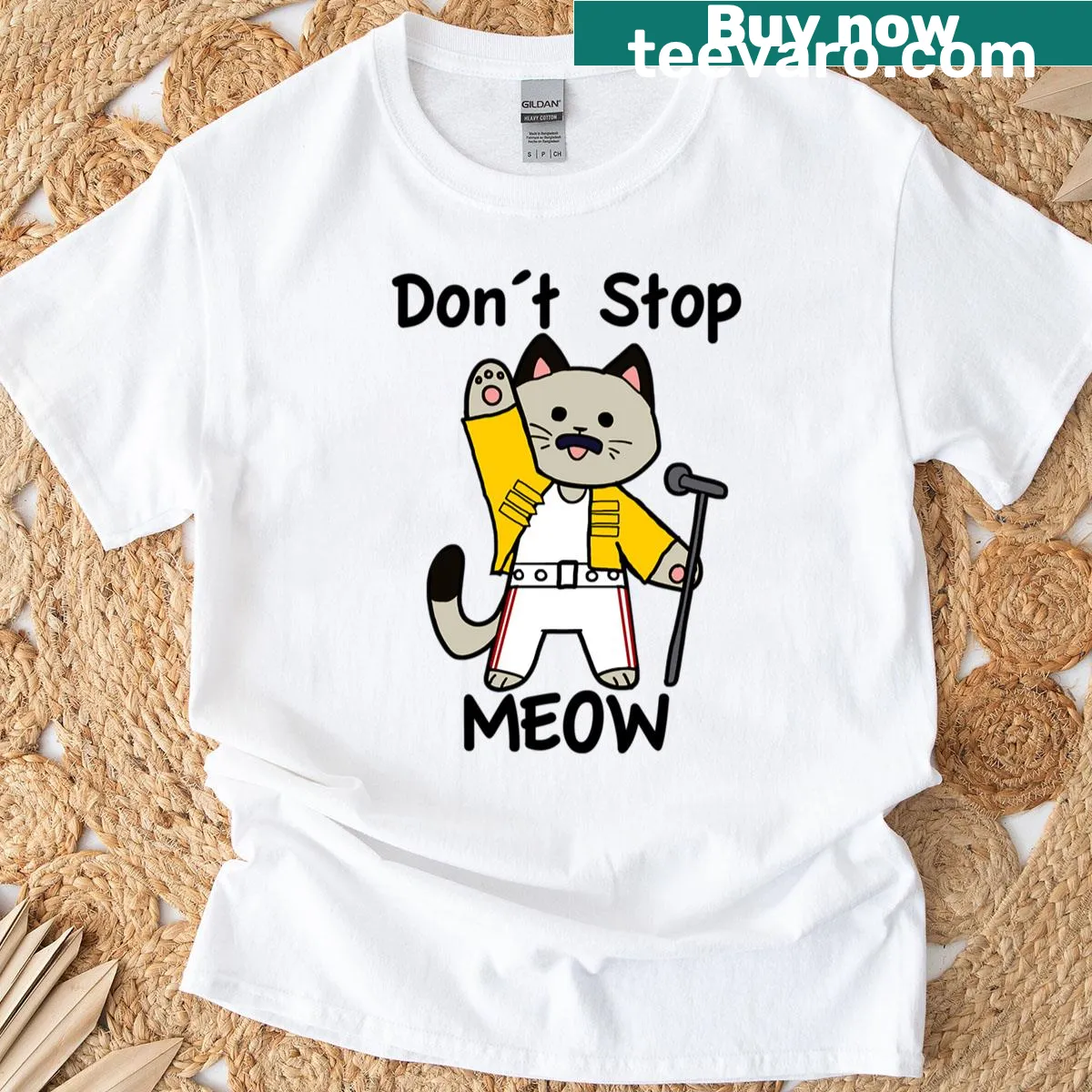 Playful cat-themed t-shirt with 'Don't Stop Meow' text — on a men's t-shirt