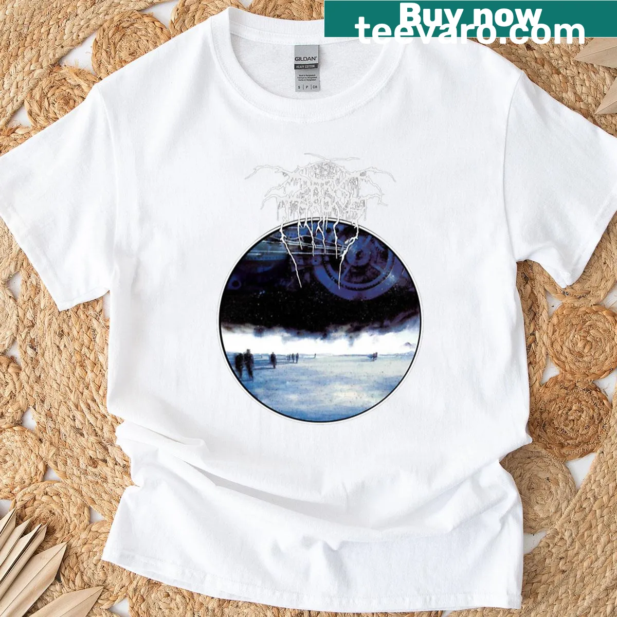 Illustrated t-shirt featuring a dramatic moon landscape scene — on a men's t-shirt