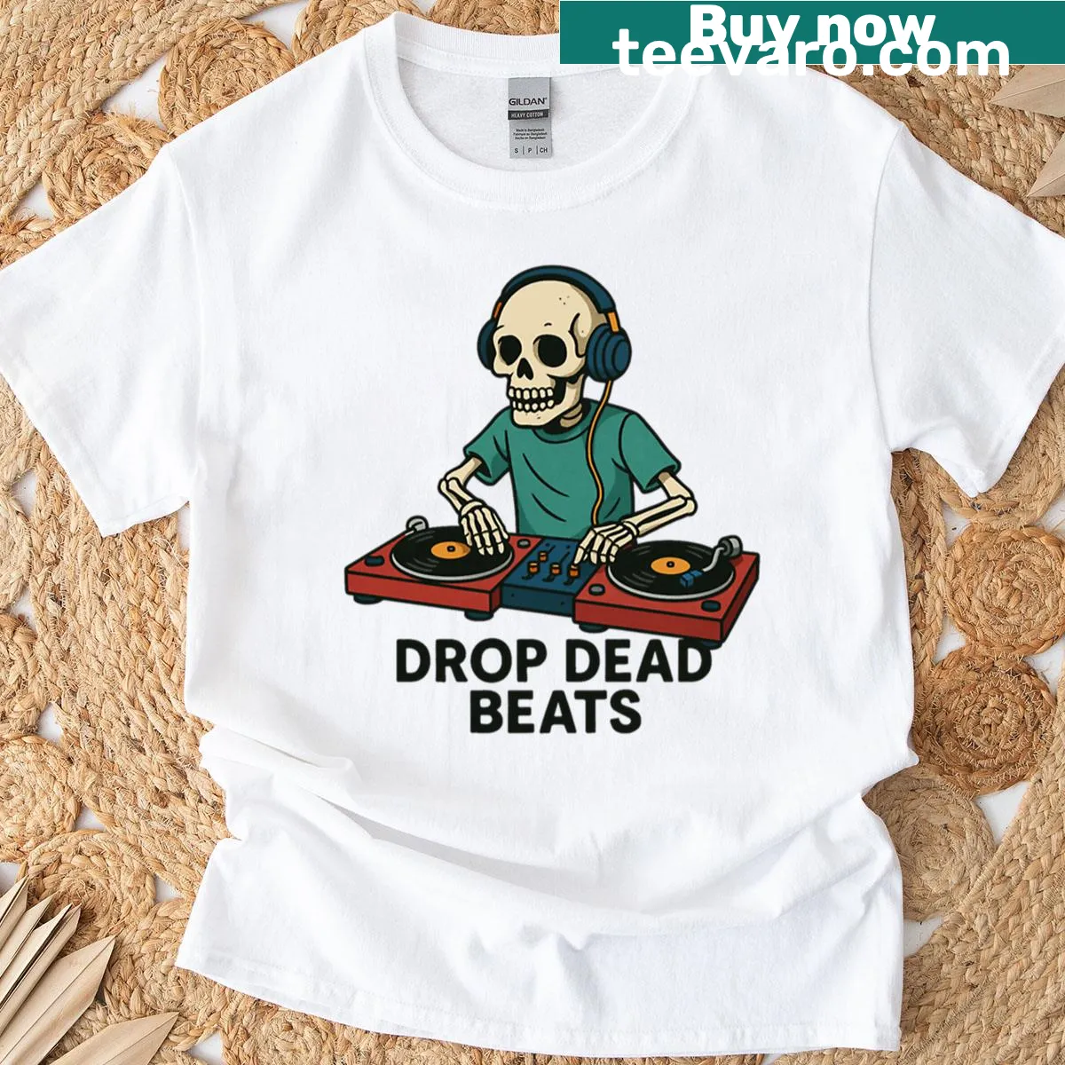 Skeleton DJ spinning vinyl on Halloween themed t-shirt — on a men's t-shirt