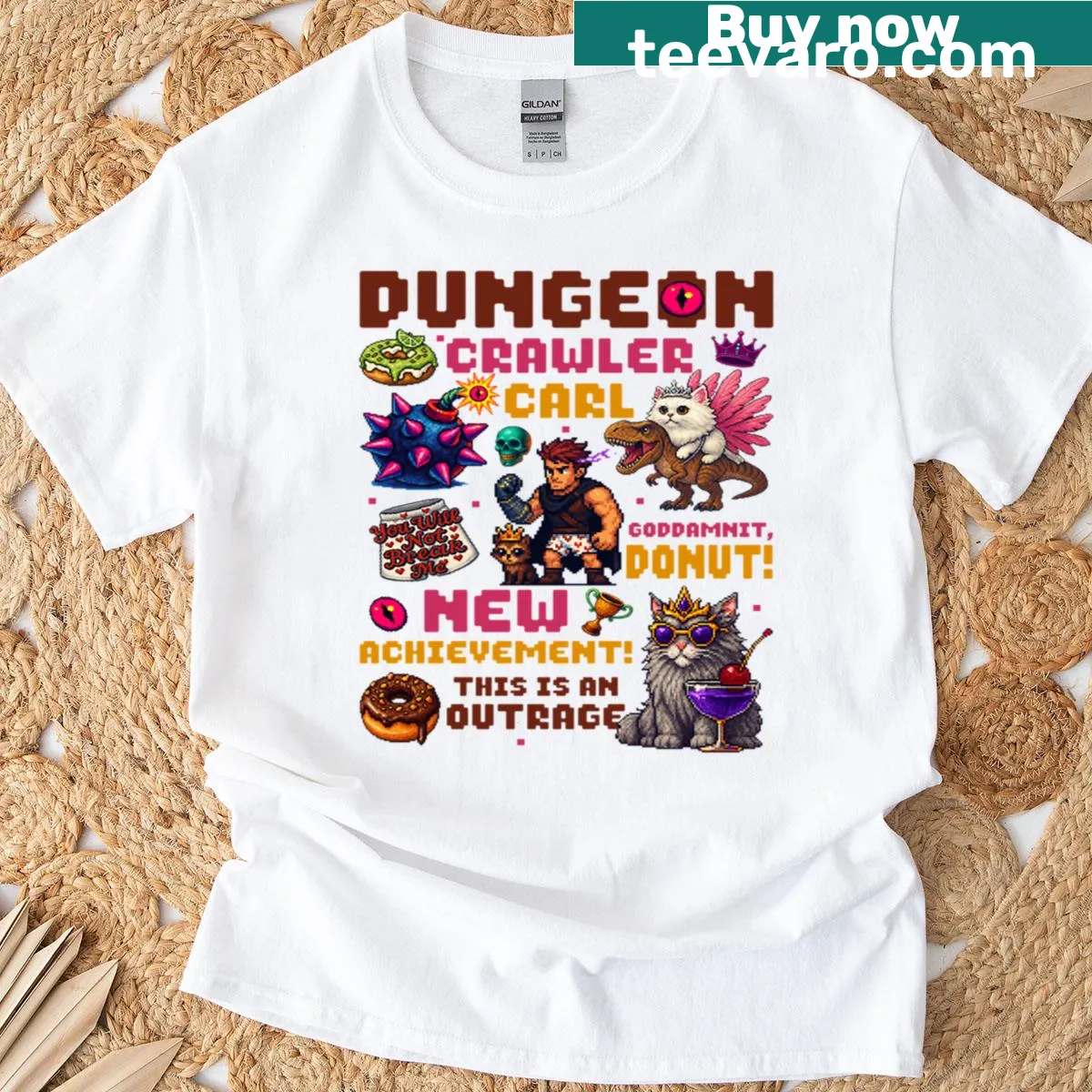 Cartoon Dungeon Crawler Carl with donut and Mongo T-shirt — on a men's t-shirt