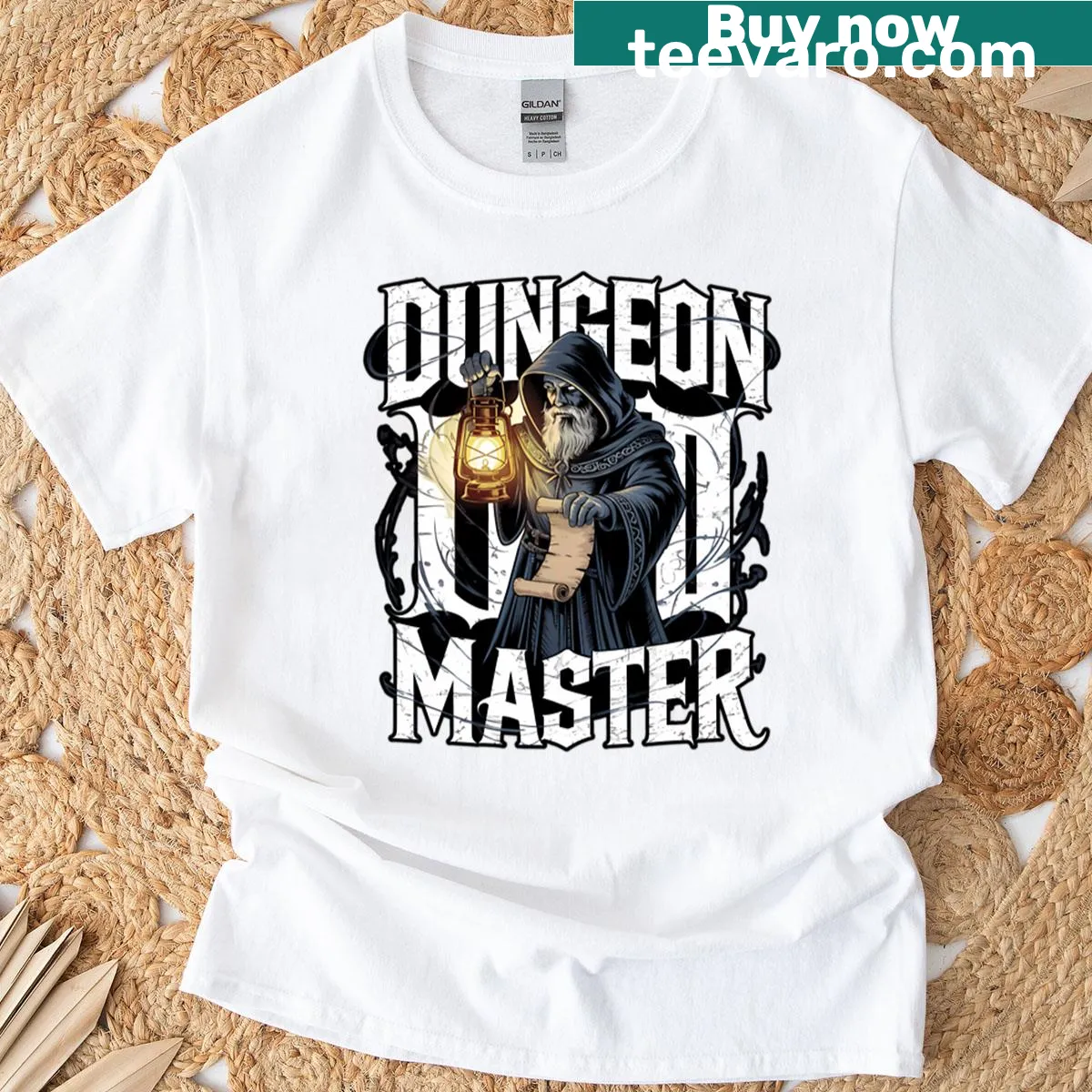 Vintage Dungeon Master typography on t-shirt — on a men's t-shirt