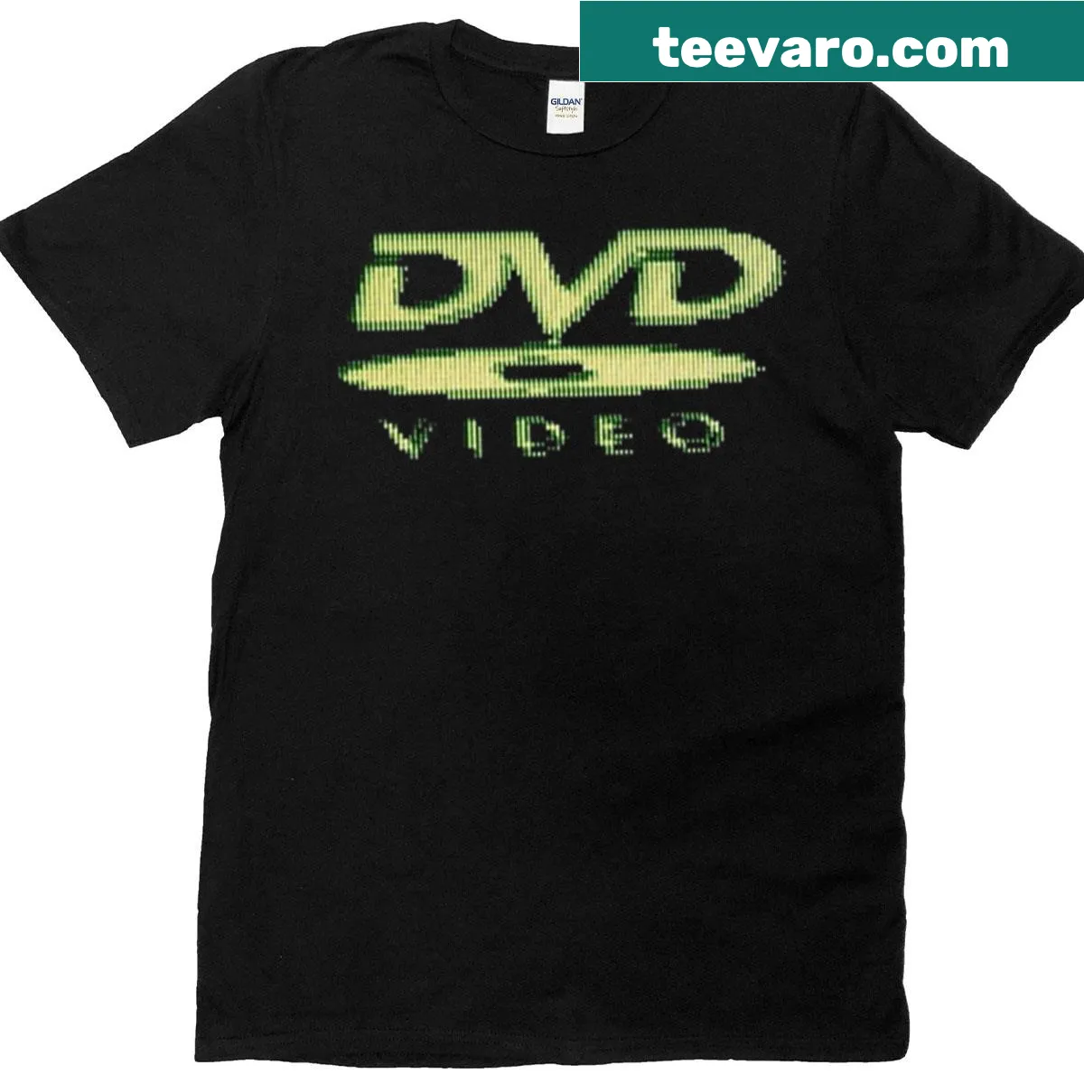 T-shirt featuring the classic DVD logo in a playful design — on a men's t-shirt