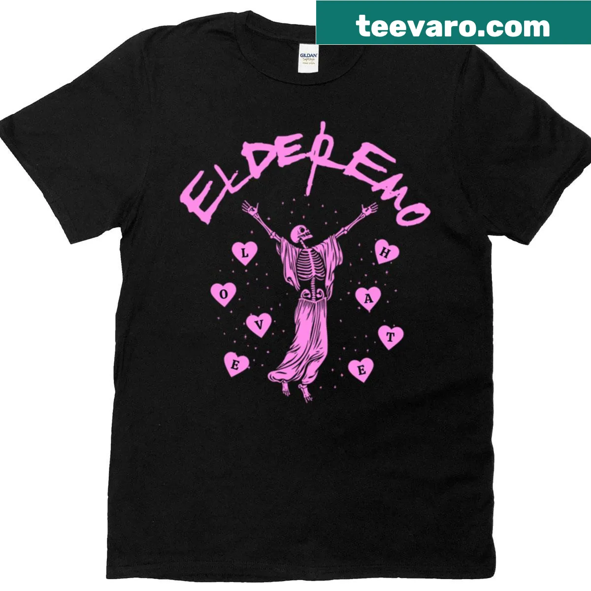 Vintage-style shirt reflecting elder emo love and hate themes. — on a men's t-shirt