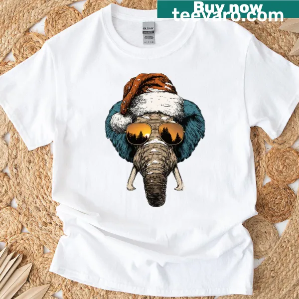 Cute elephant with sunglasses and Santa hat in a Christmas design