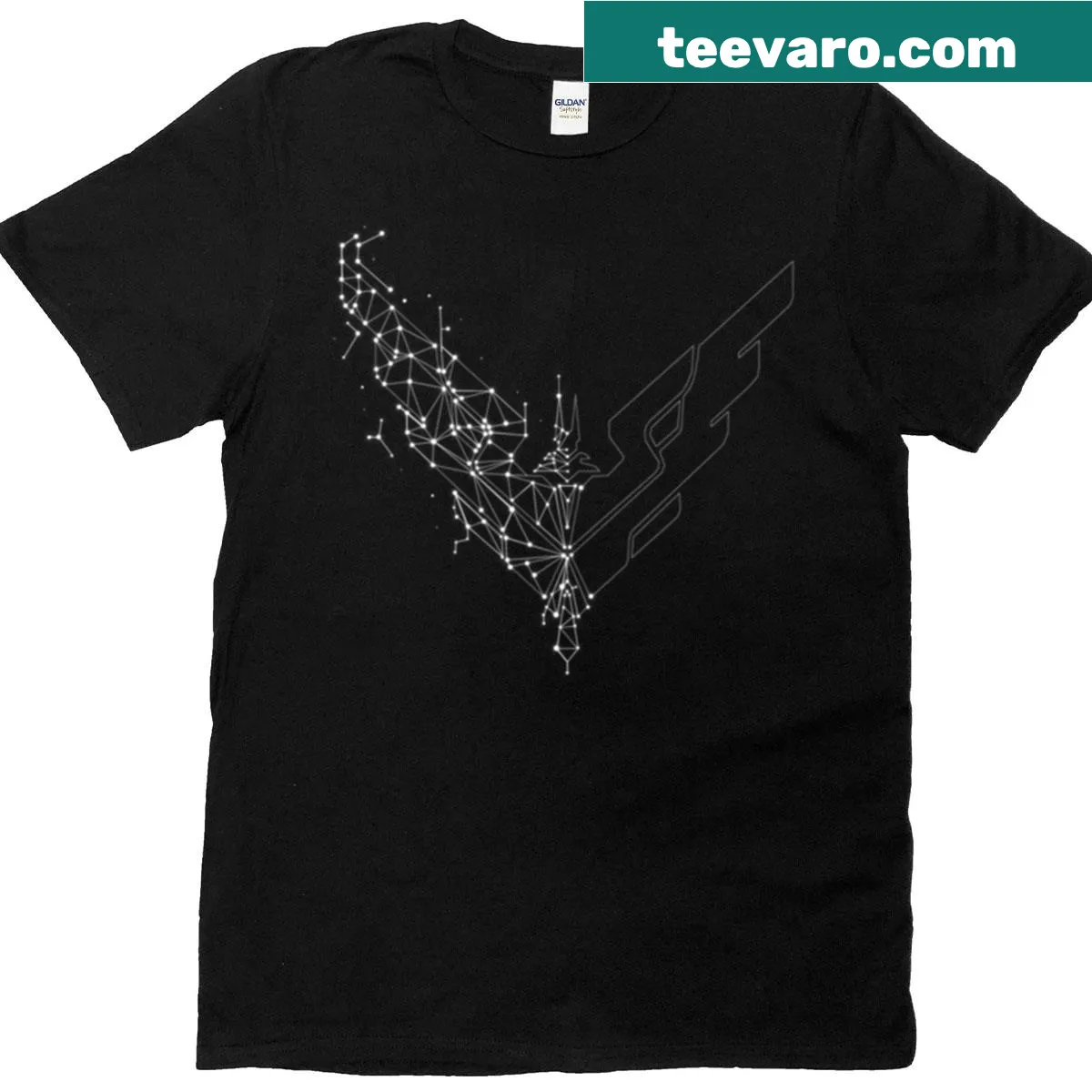 Illustrative t-shirt featuring a constellation design from Elite Dangerous — on a men's t-shirt