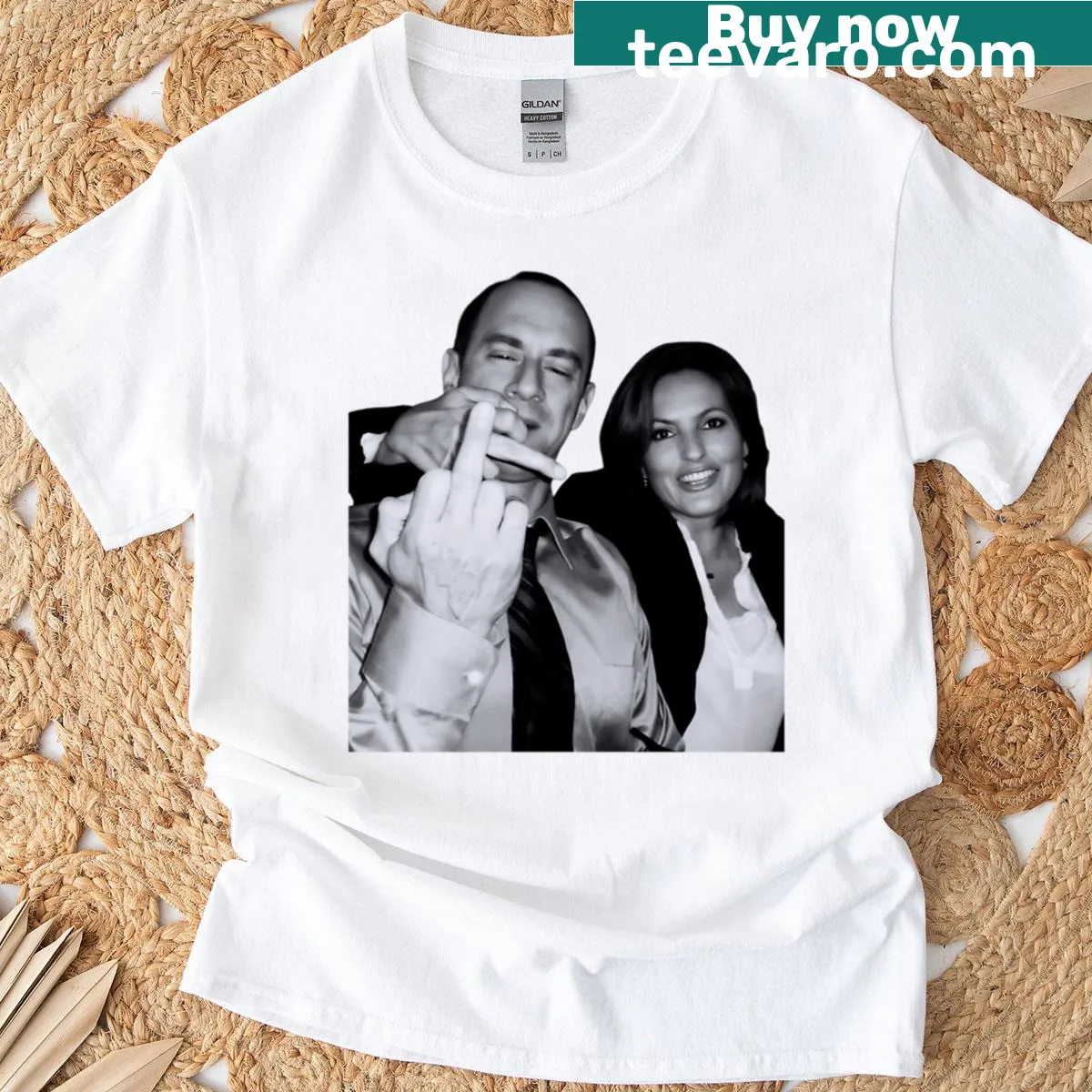 Elliot Stabler and Olivia Benson graphic giving the middle finger — on a men's t-shirt