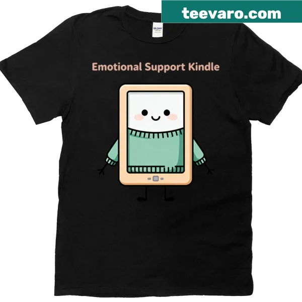 Cute cartoon Kindle graphic on a bookish themed t-shirt.