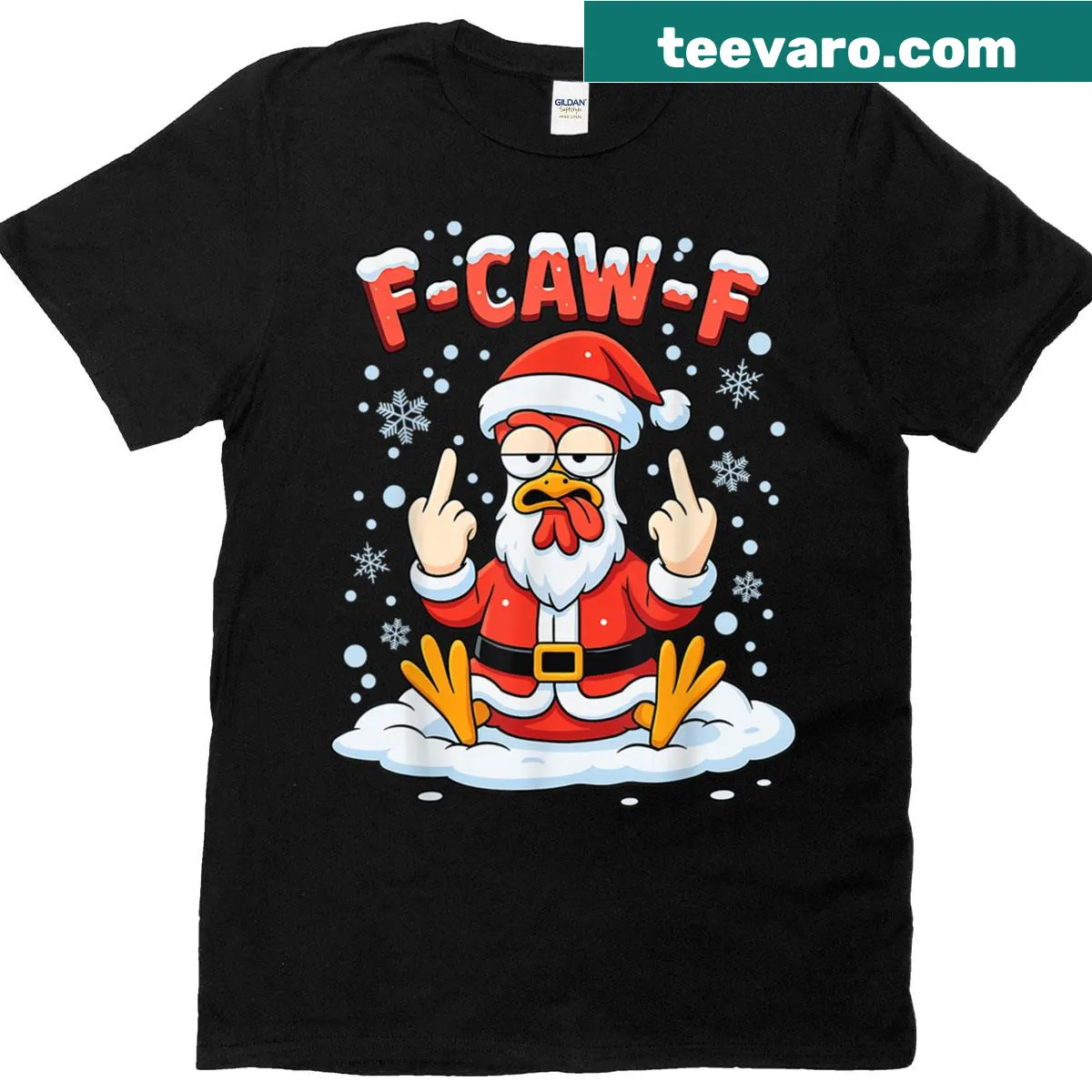 Cartoon chicken with Santa hat and Christmas lights on a t-shirt — on a men's t-shirt
