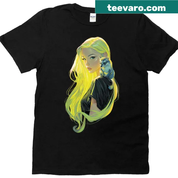 Fantasy lady accompanied by her raccoon spirit graphic t-shirt