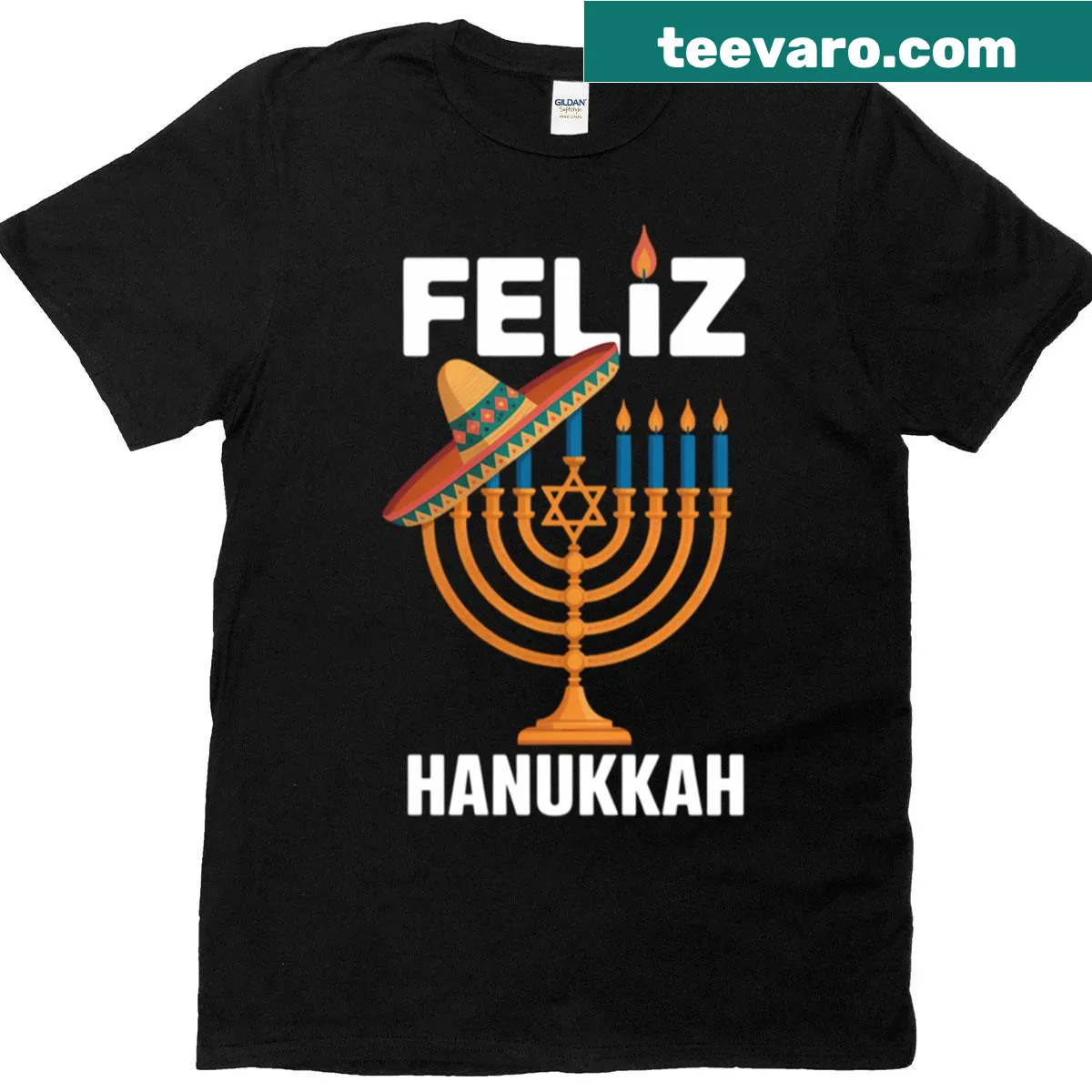 Festive T-shirt with sombrero and Hanukkah symbols — on a men's t-shirt
