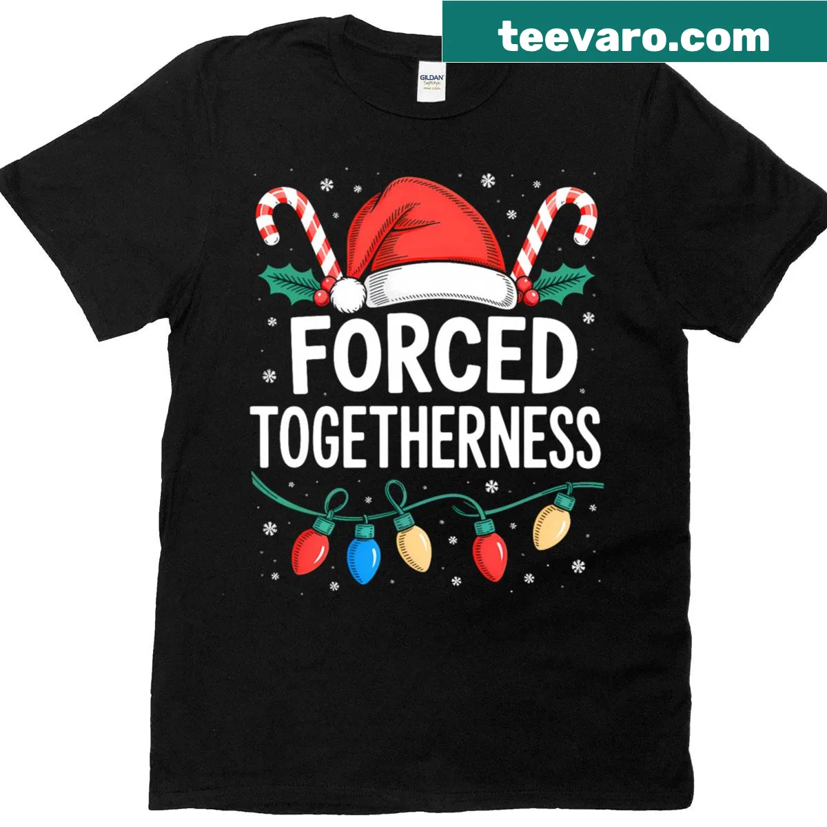 Funny holiday t-shirt with humorous text about forced togetherness — on a men's t-shirt