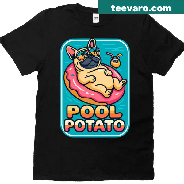 Cartoon French bulldog on a pool float for summer fun