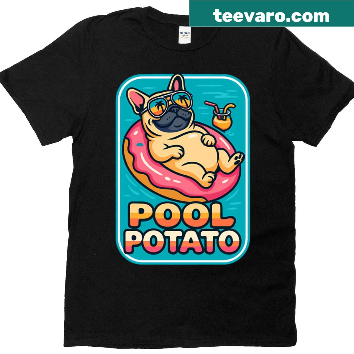 Cartoon French bulldog on a pool float for summer fun — on a men's t-shirt