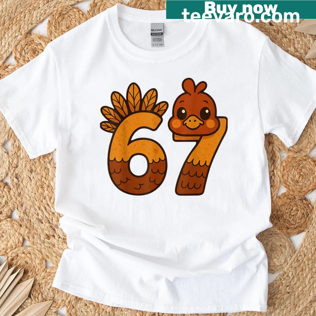 Funny Thanksgiving meme turkey t-shirt referencing 67 meme — on a men's t-shirt
