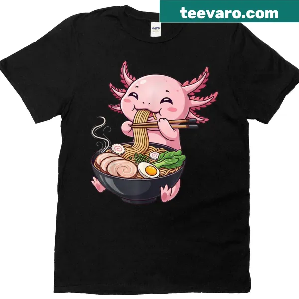 Cartoon axolotl enjoying ramen in a kawaii style