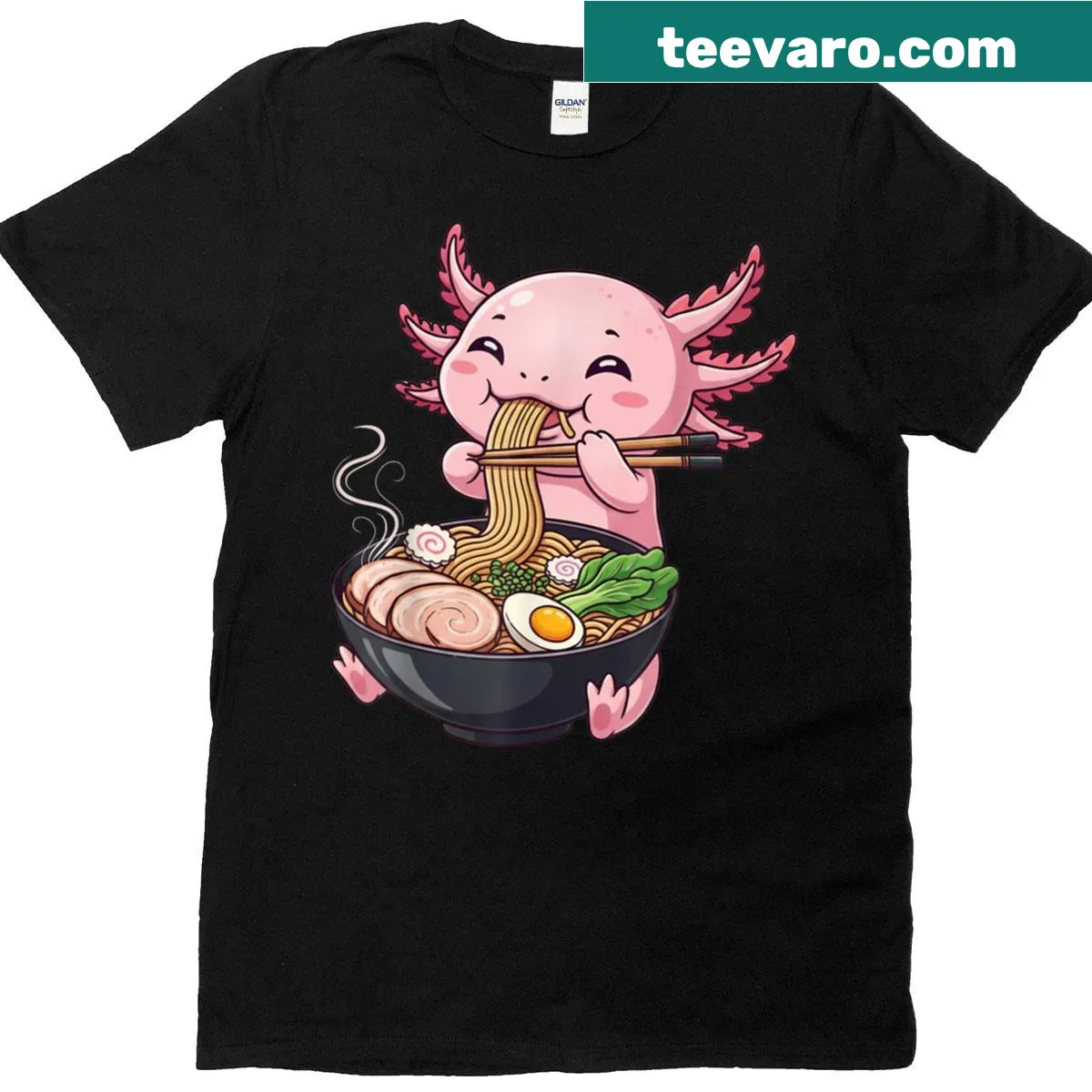 Cartoon axolotl enjoying ramen in a kawaii style — on a men's t-shirt