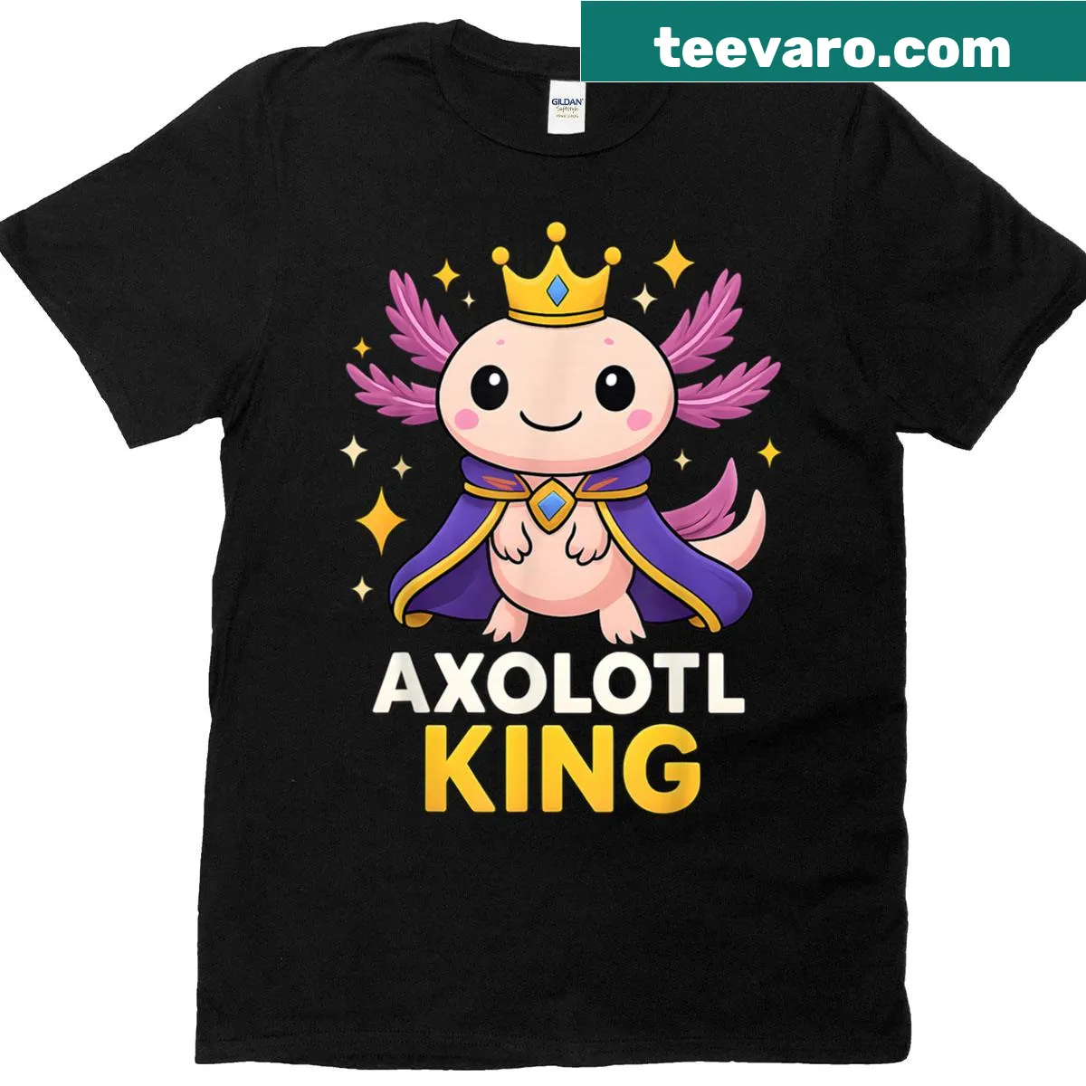 Cute cartoon axolotl king graphic on a kids' t-shirt — on a men's t-shirt