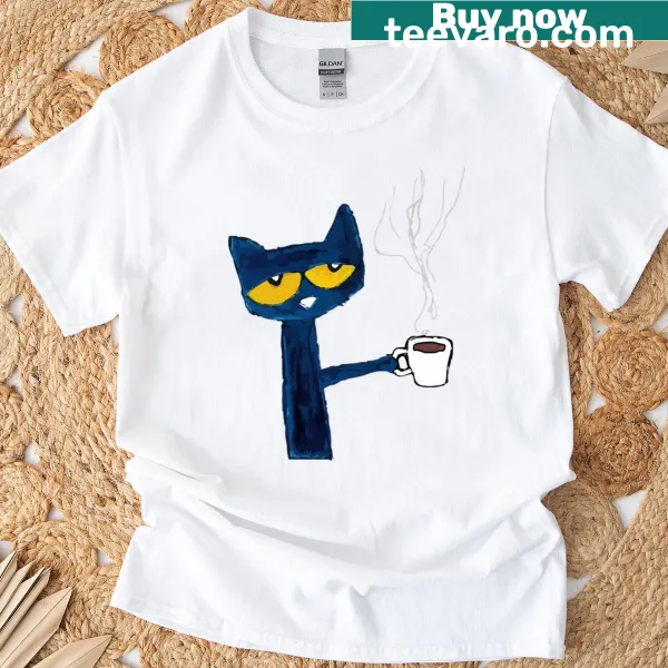 Cat-themed shirt with a black cat and coffee graphic.
