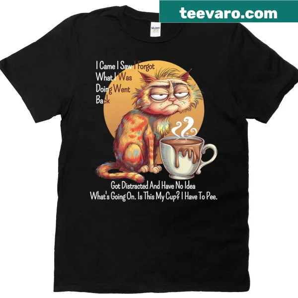Humorous cat-themed shirt with 'I Came, I Saw, I Forgot' text