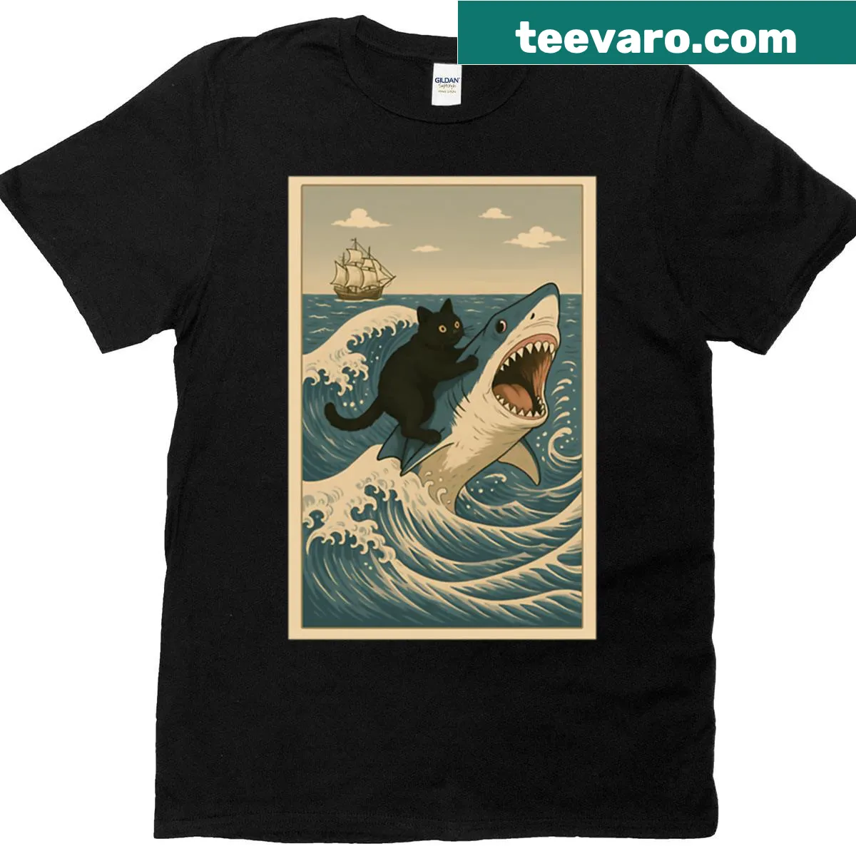 Cat riding a shark in Japanese wave art on an oversized t-shirt — on a men's t-shirt