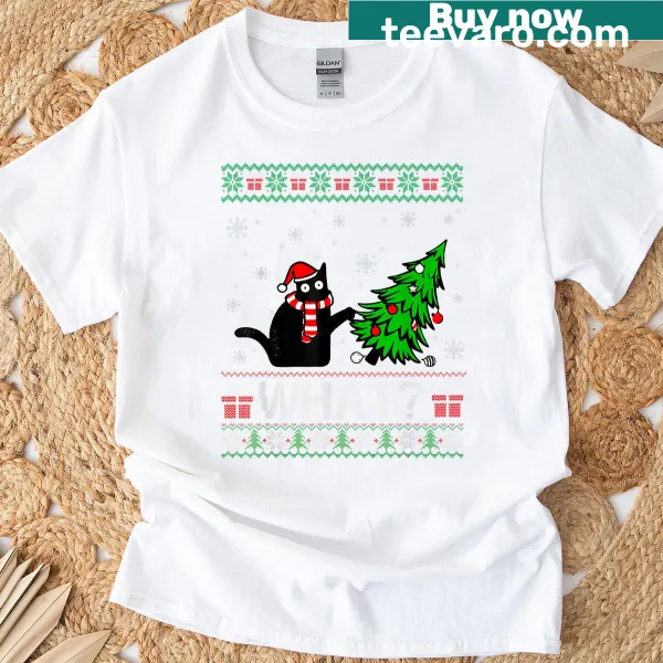 Funny Christmas black cat among trees graphic tee